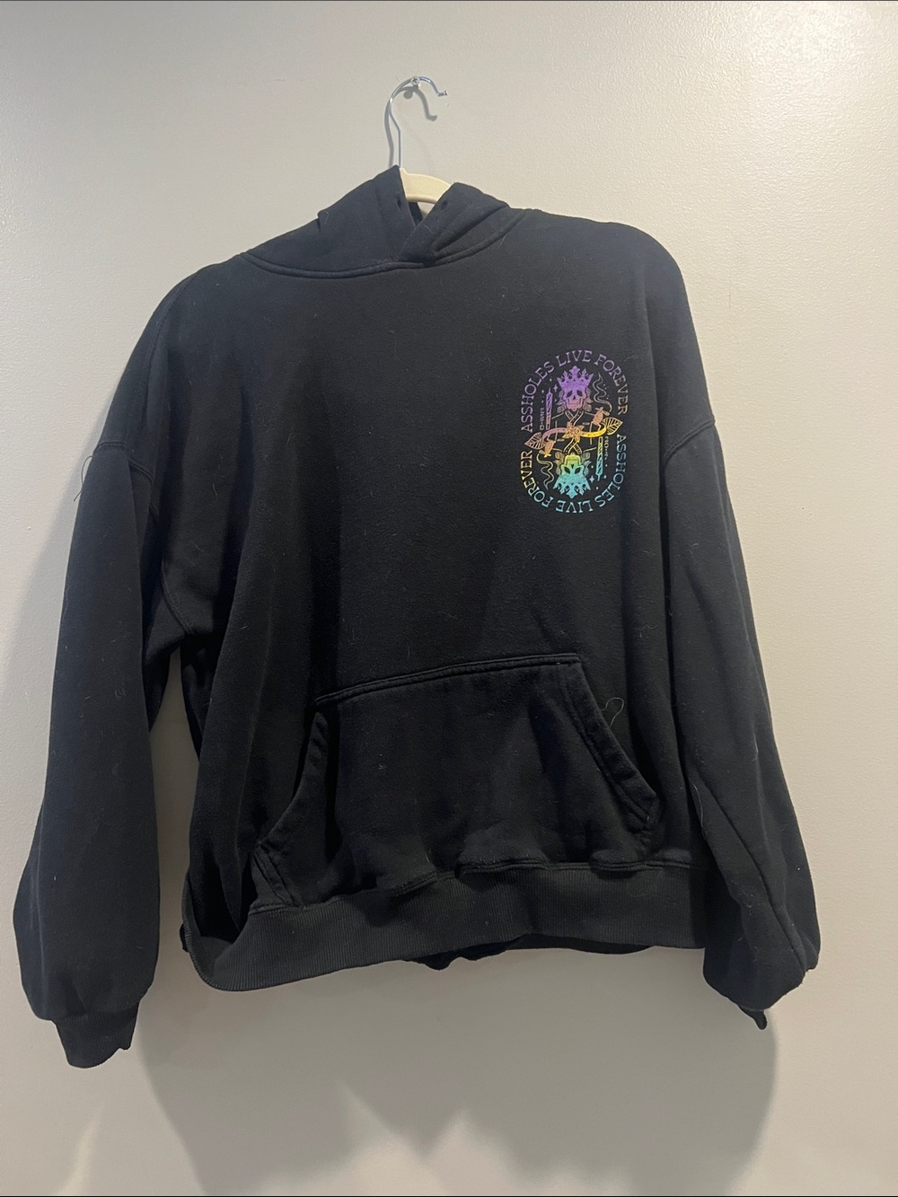 Black Crewneck Hoodie with Rainbow Graphic Chest Accent ALF